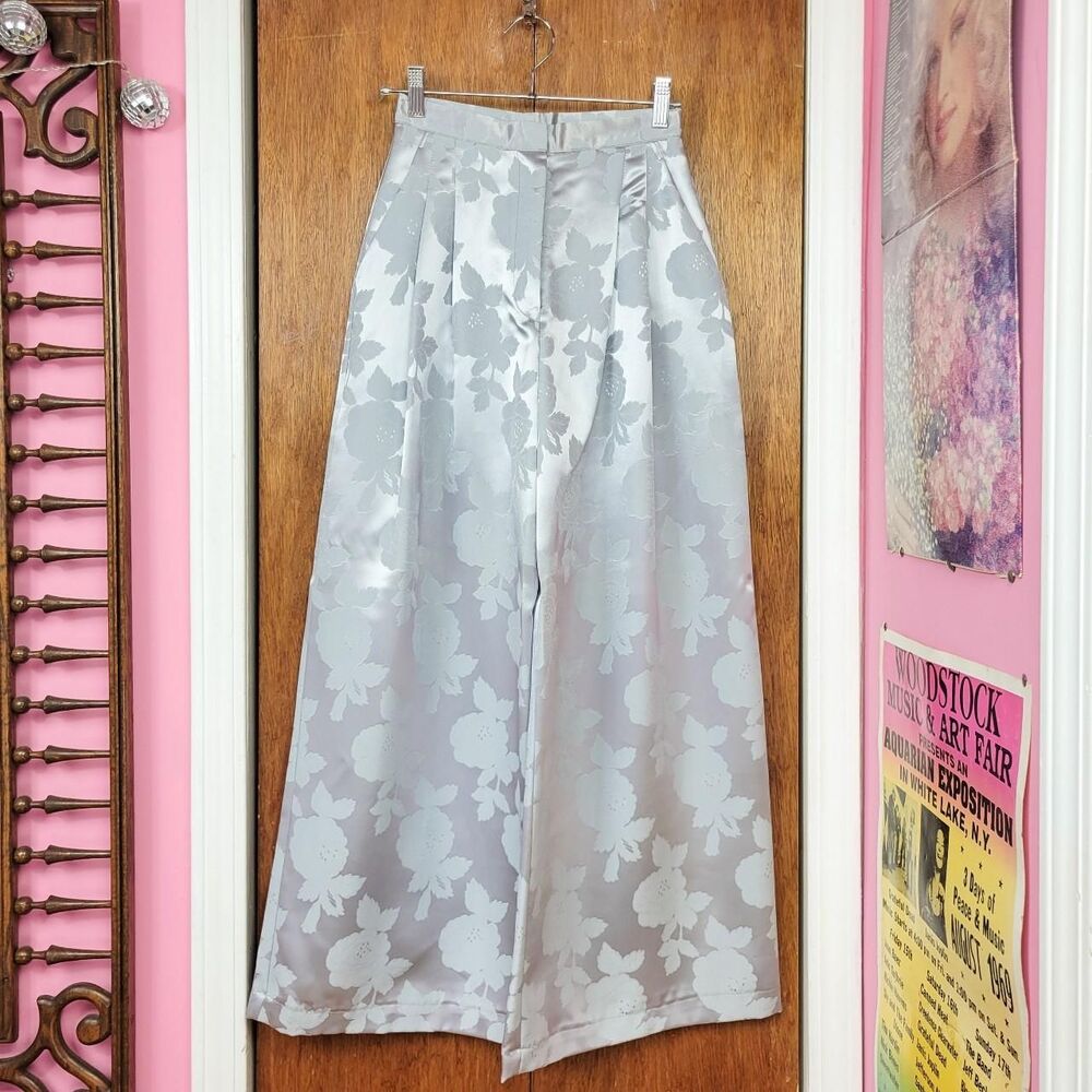 Vintage 80s Norma Kamali Silver Floral Brocade Wide Leg Pants - Picture 5 of 7